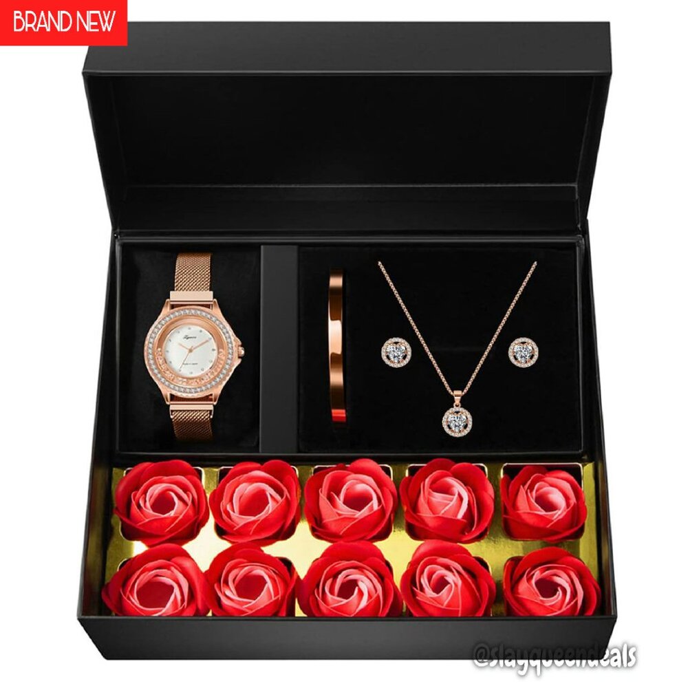 Rose Gold Watch Jewelry Set With Necklace Bracelet Earrings Gift Box